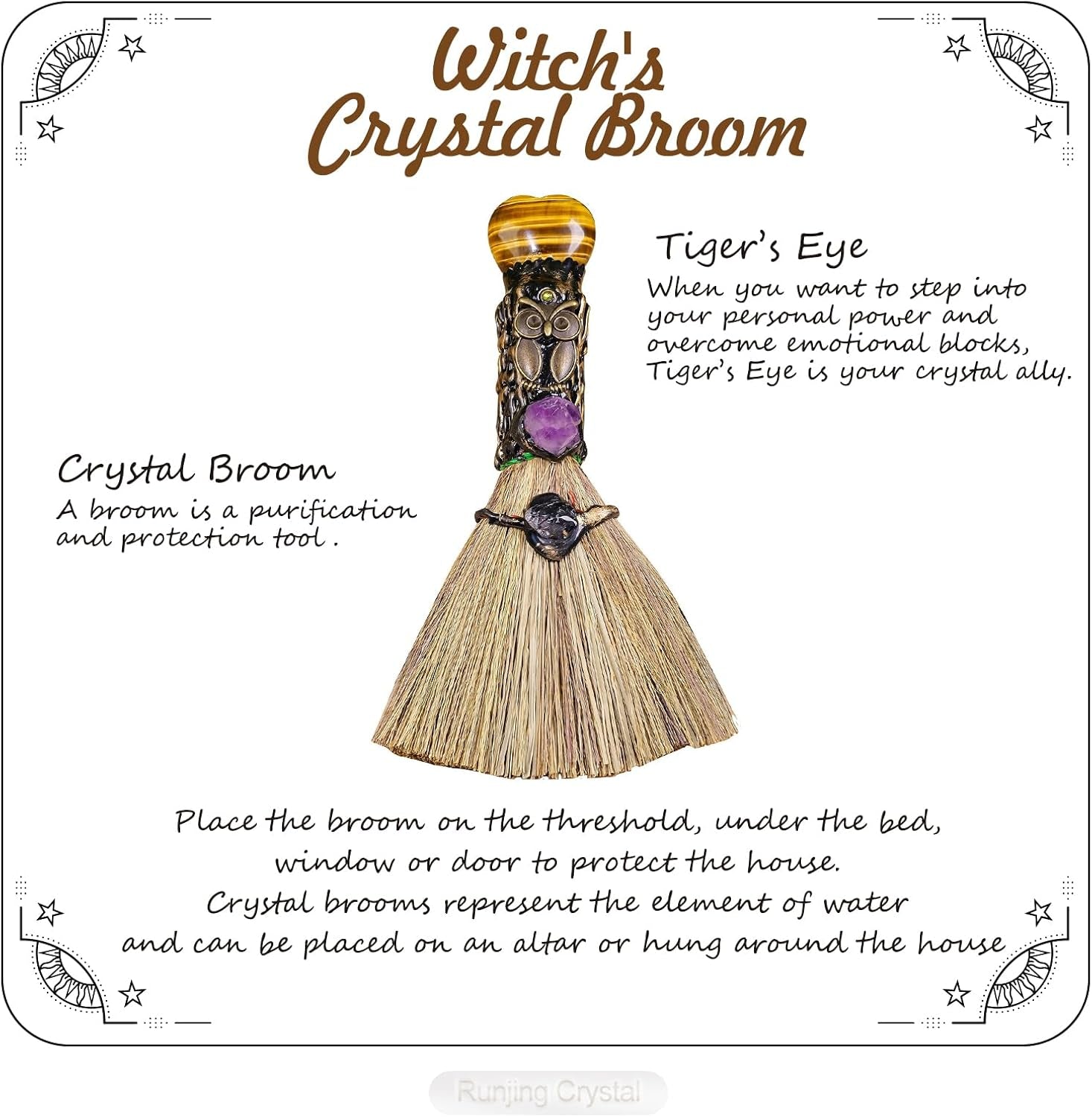 Witch Cinnamon Broom Tiger'S Eye Magic Broom - Natural Healing Crystal Witch Broom for Reiki Cleansing Handmade Home & Office Decor Spiritual Gift for Love & Positive Energy