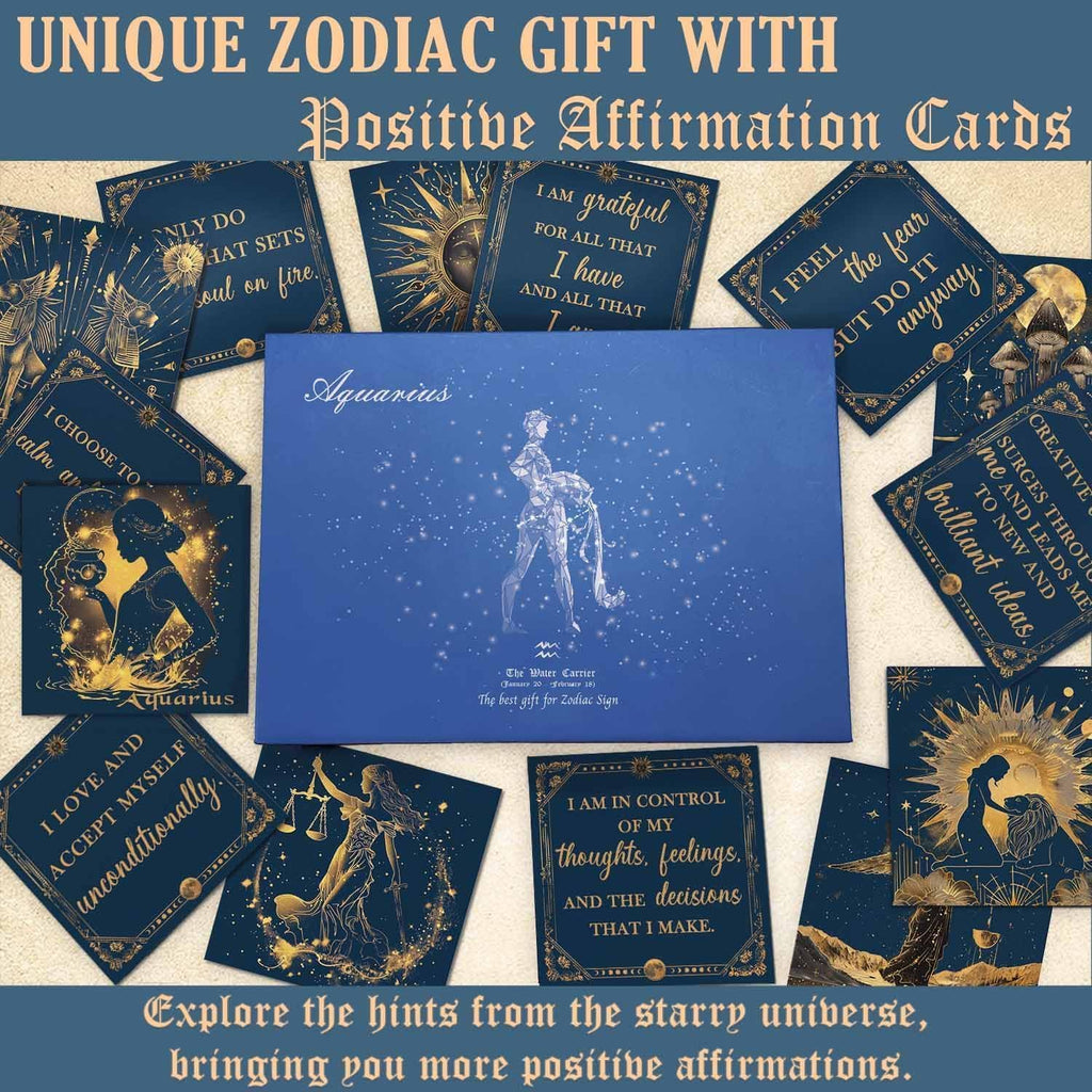 Aquarius Crystals Gift for Women - 6 Aquarius Zodiac Stones W/ 50 Miracle Mantras Affirmation Cards, Healing Astrology Gifts for Promoting Positive Energy, Self-Care & Love