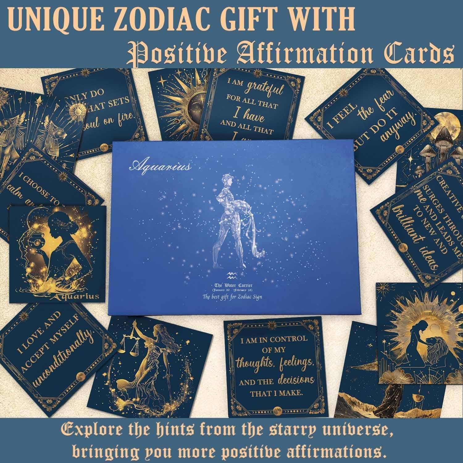Aquarius Crystals Gift for Women - 6 Aquarius Zodiac Stones W/ 50 Miracle Mantras Affirmation Cards, Healing Astrology Gifts for Promoting Positive Energy, Self-Care & Love