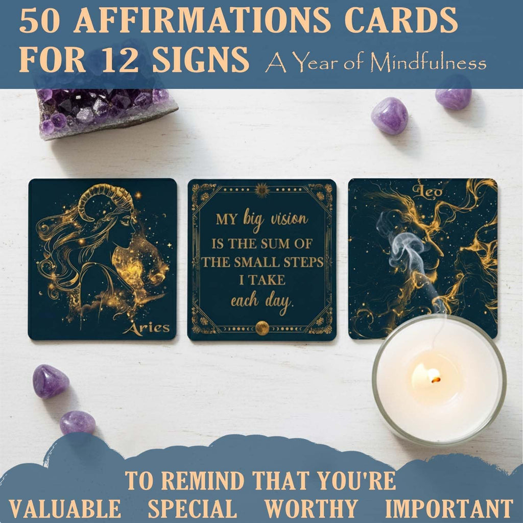 Aquarius Crystals Gift for Women - 6 Aquarius Zodiac Stones W/ 50 Miracle Mantras Affirmation Cards, Healing Astrology Gifts for Promoting Positive Energy, Self-Care & Love