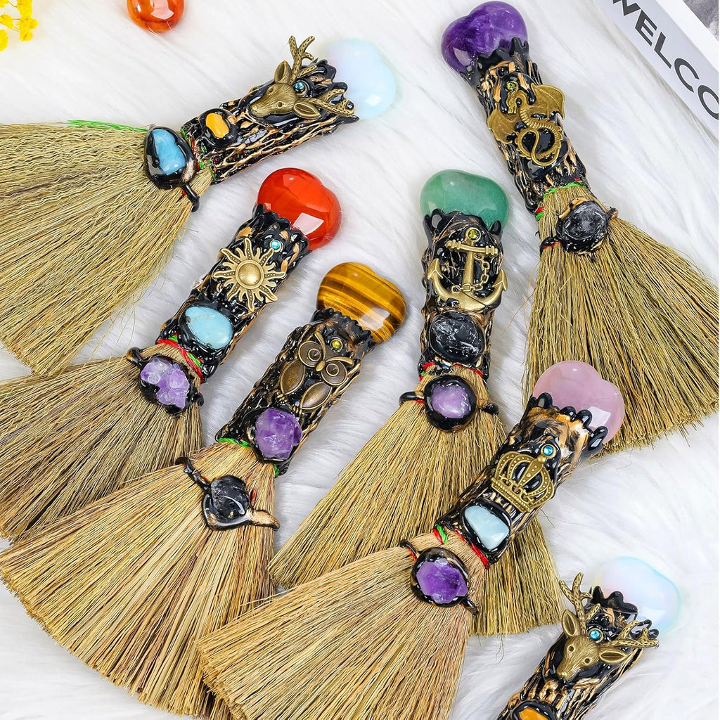 Witch Cinnamon Broom Tiger'S Eye Magic Broom - Natural Healing Crystal Witch Broom for Reiki Cleansing Handmade Home & Office Decor Spiritual Gift for Love & Positive Energy