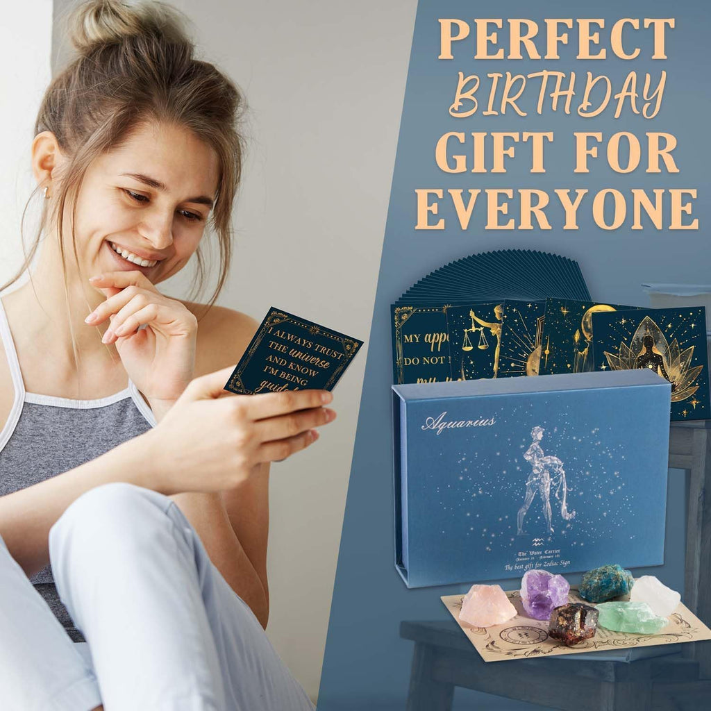 Aquarius Crystals Gift for Women - 6 Aquarius Zodiac Stones W/ 50 Miracle Mantras Affirmation Cards, Healing Astrology Gifts for Promoting Positive Energy, Self-Care & Love