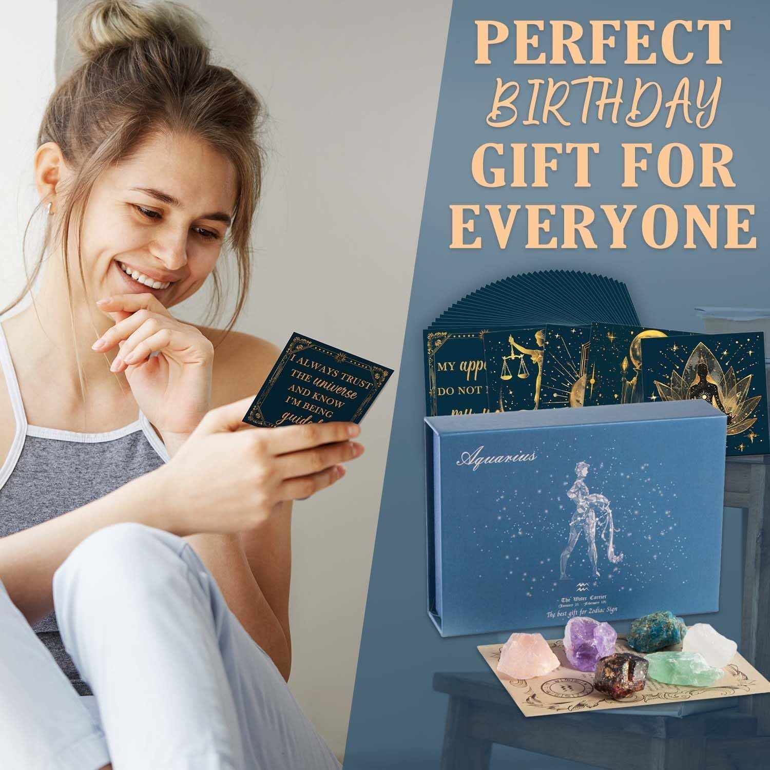 Aquarius Crystals Gift for Women - 6 Aquarius Zodiac Stones W/ 50 Miracle Mantras Affirmation Cards, Healing Astrology Gifts for Promoting Positive Energy, Self-Care & Love