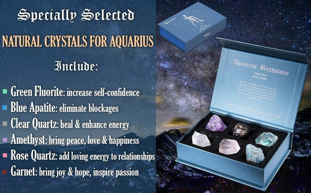 Aquarius Crystals Gift for Women - 6 Aquarius Zodiac Stones W/ 50 Miracle Mantras Affirmation Cards, Healing Astrology Gifts for Promoting Positive Energy, Self-Care & Love