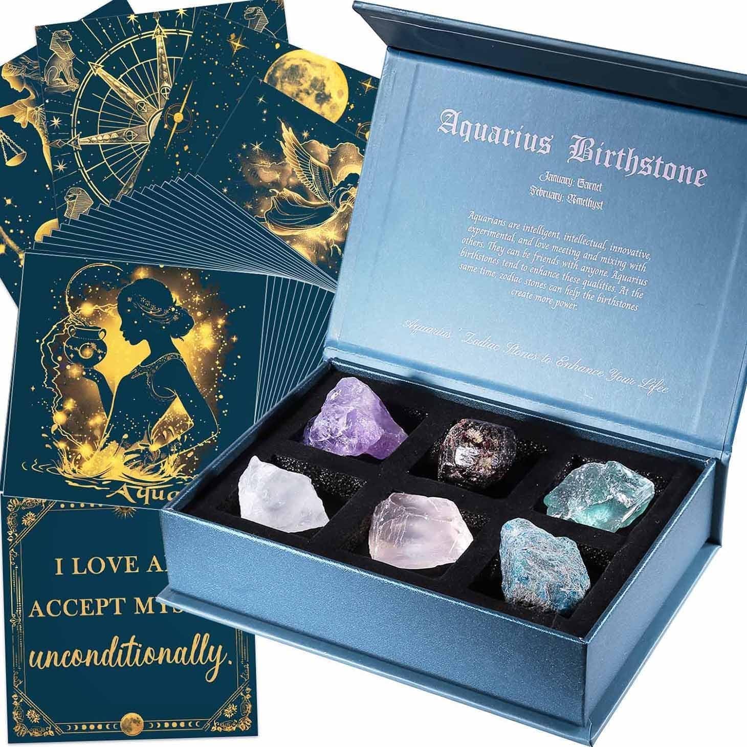 Aquarius Crystals Gift for Women - 6 Aquarius Zodiac Stones W/ 50 Miracle Mantras Affirmation Cards, Healing Astrology Gifts for Promoting Positive Energy, Self-Care & Love