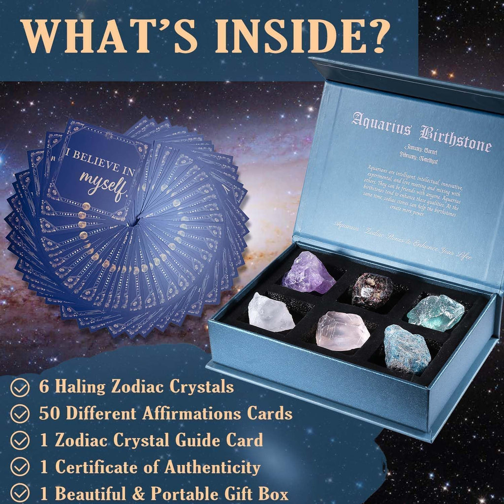Aquarius Crystals Gift for Women - 6 Aquarius Zodiac Stones W/ 50 Miracle Mantras Affirmation Cards, Healing Astrology Gifts for Promoting Positive Energy, Self-Care & Love