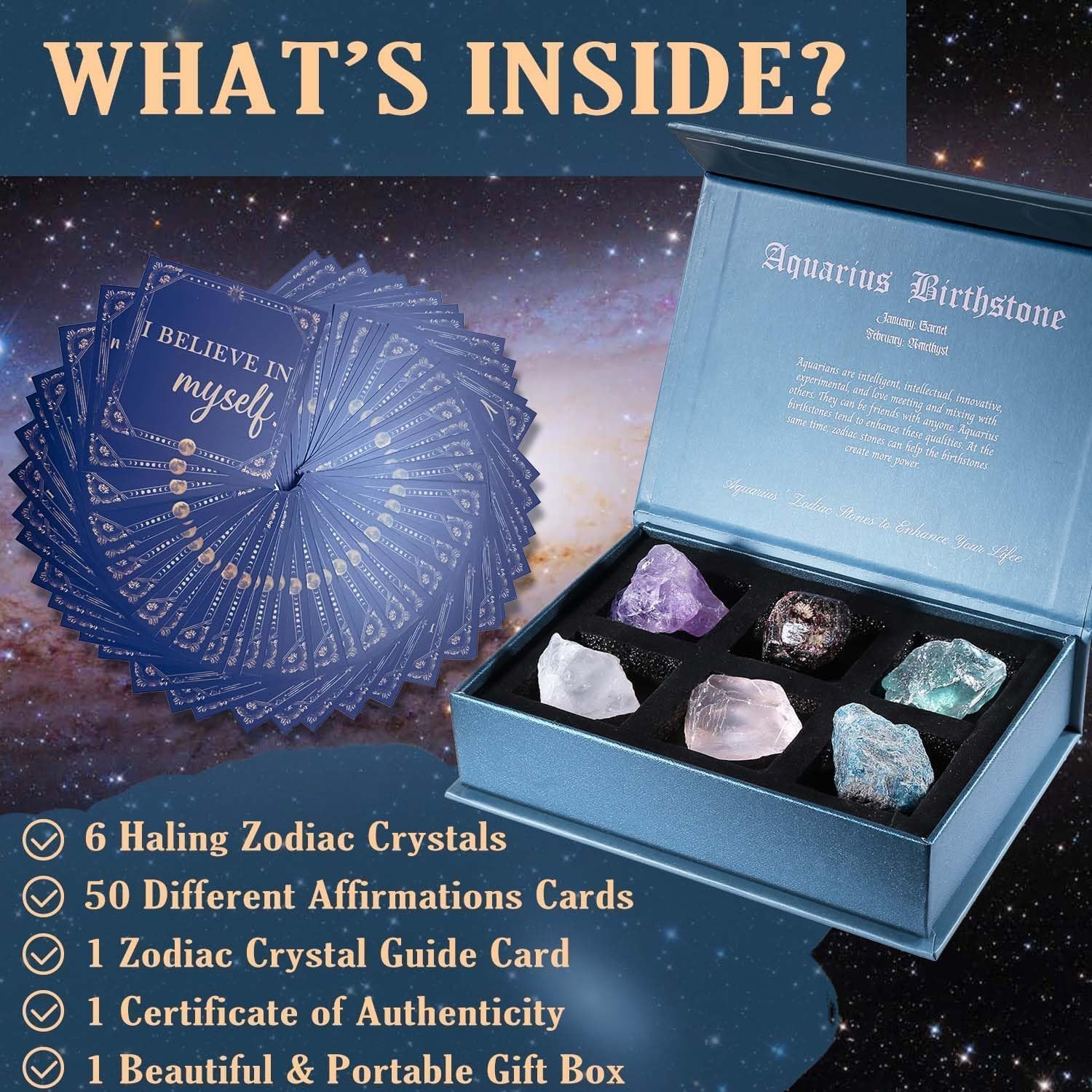 Aquarius Crystals Gift for Women - 6 Aquarius Zodiac Stones W/ 50 Miracle Mantras Affirmation Cards, Healing Astrology Gifts for Promoting Positive Energy, Self-Care & Love