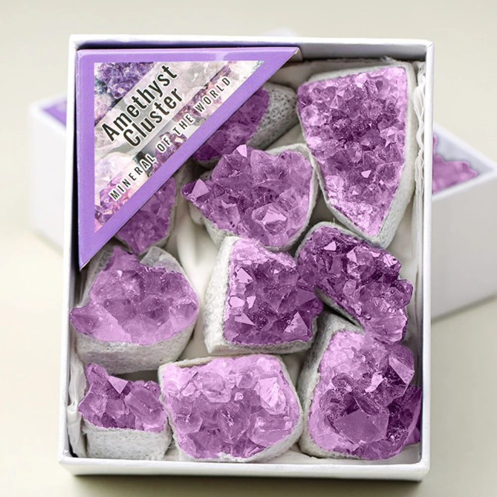 1Box Amethyst Crystal 9PCS Amethyst Cluster Crystals in Box,Ideal Spiritual Gifts Women for Meditation,Peace Sleep and Healing